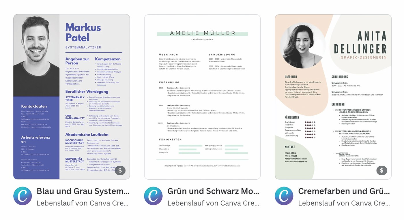 Three Canva resume templates shown localized into German, each with a different layout and design