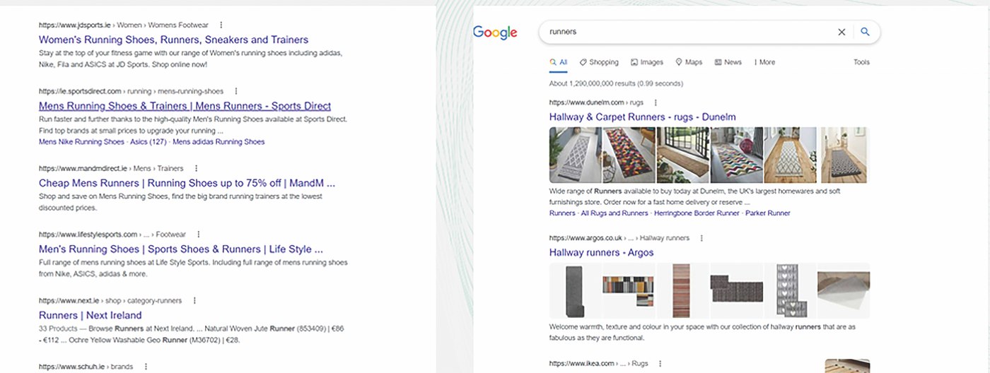 Split screenshot comparing Google search results for the ambiguous keyword