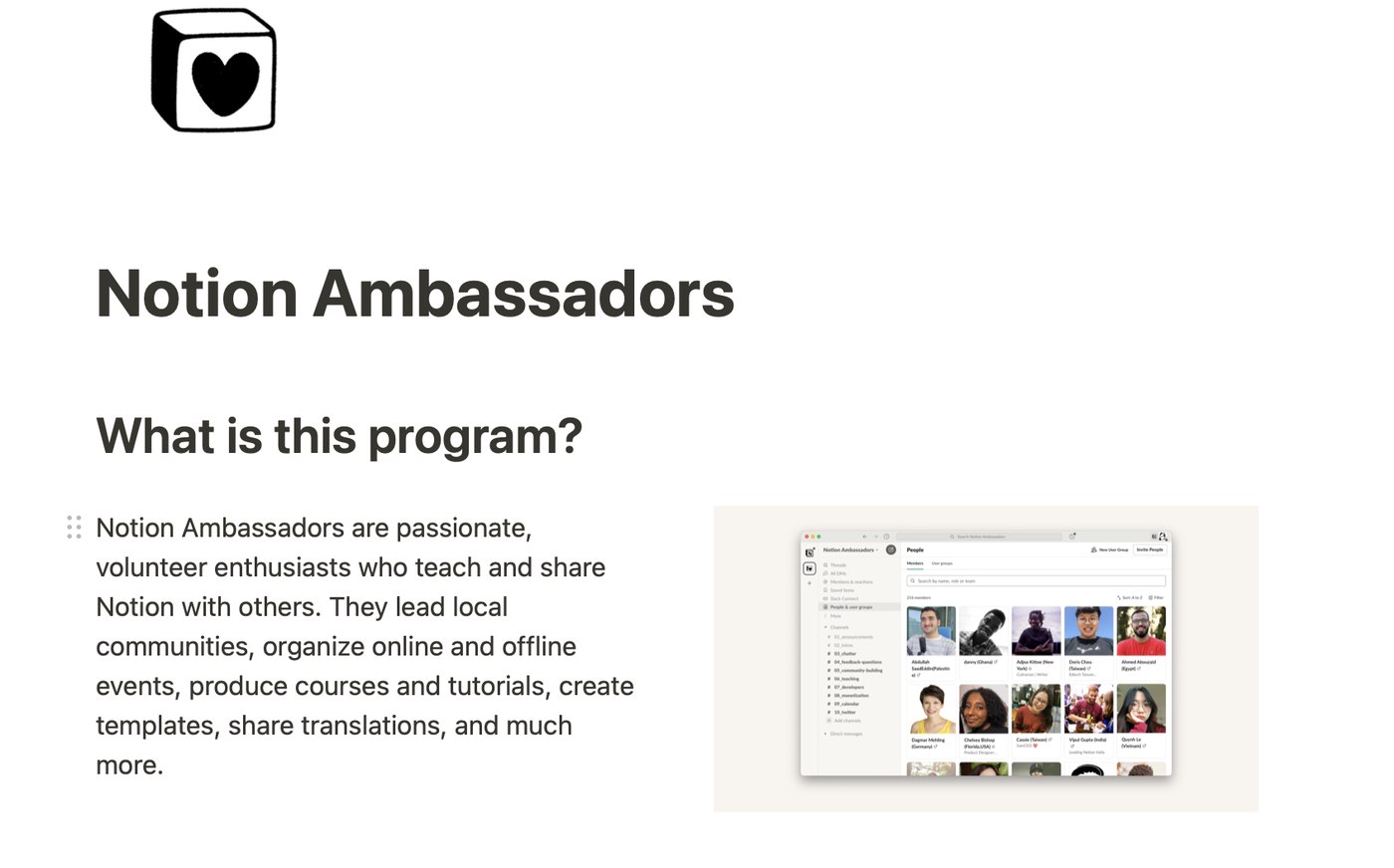 Notion Ambassadors community program page listing volunteer members who lead local Notion communities worldwide