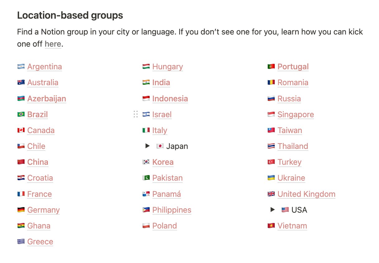 List of Notion location-based user groups by country, from Argentina to Vietnam